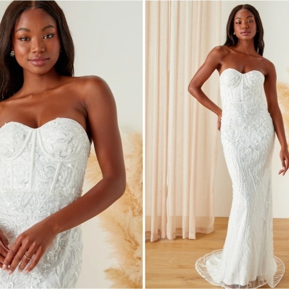 LULU's Sexy Bridal Wedding Floral Sequins Corset Bustier Sophisticated Maxi Gown - Picture 1 of 9